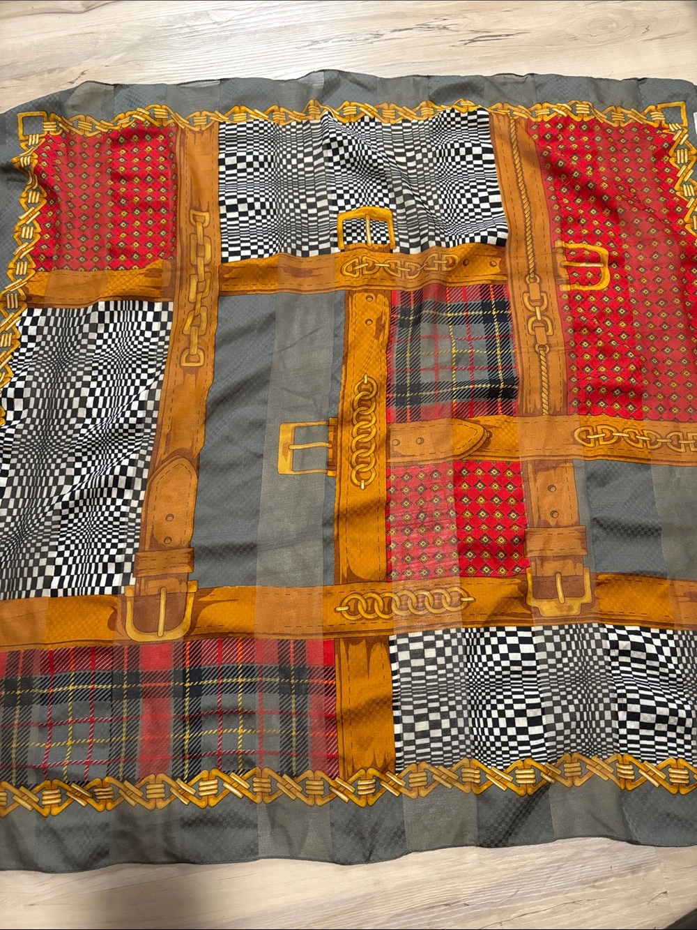 Vintage Symphony Scarfs Equestrian Patchwork Belt Chain Square Scarf 100% Poly